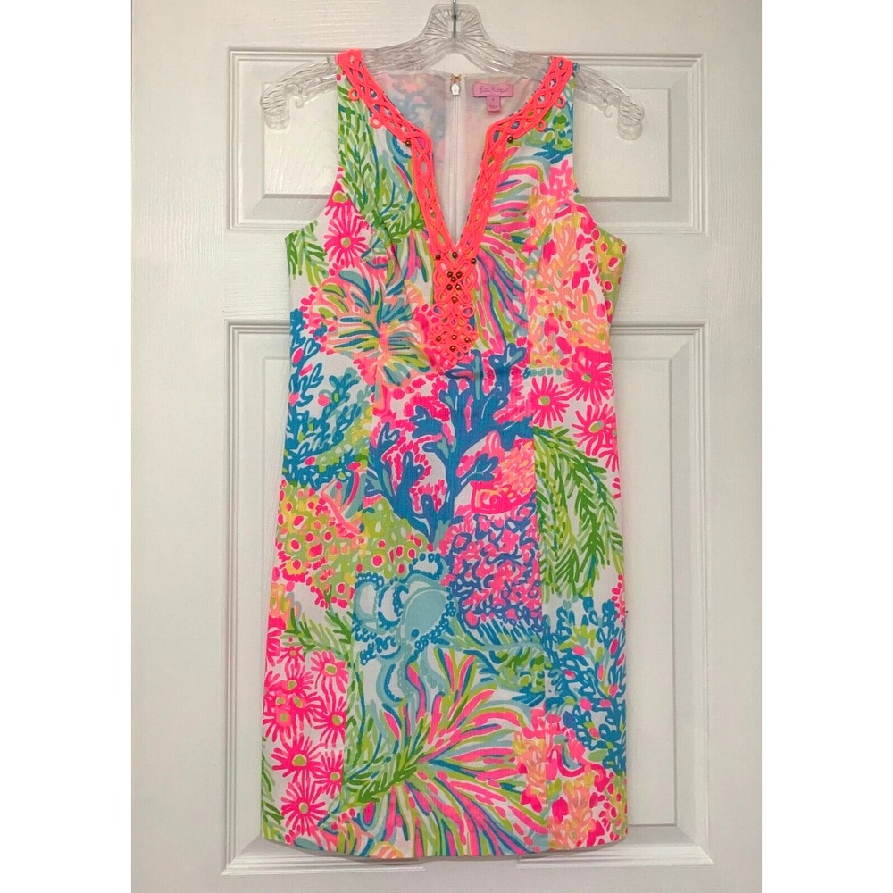Lilly Pulitzer Ryder Beaded Shift Dress Lovers Coral 0 00 XS Coral Octopus Neon